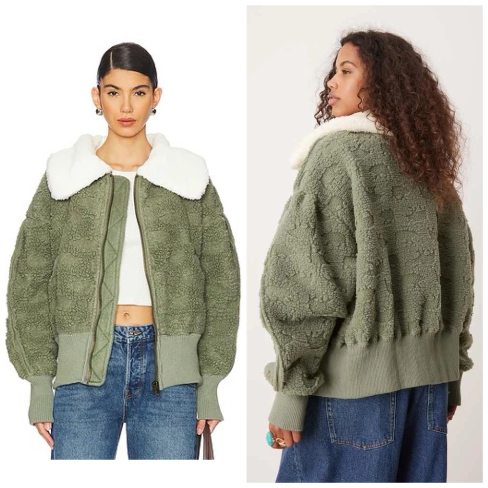 Free People Cozy Up Faux Fur Cardi Zip Up Jacket Large‎ Green